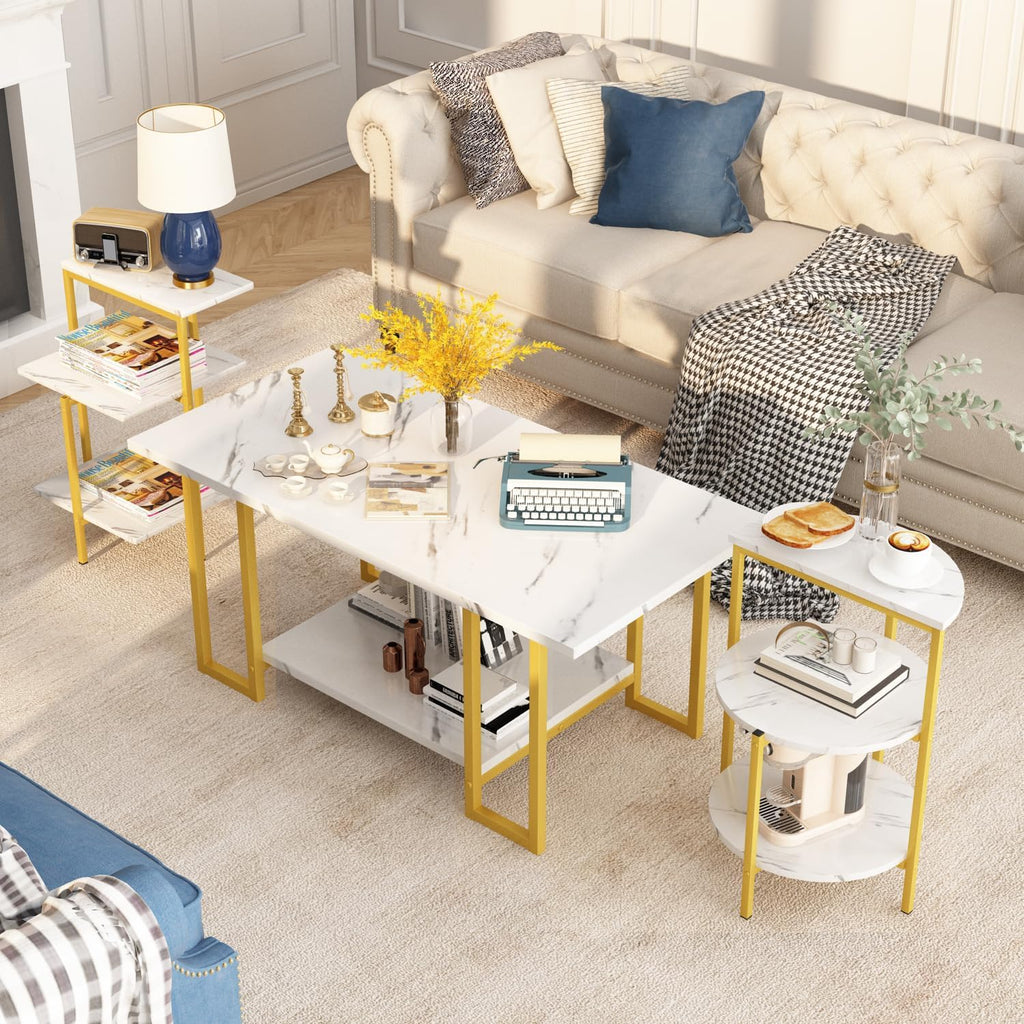 Lamerge Coffee Table Set of 3,Rectangle Coffee Table&2 Accent Table,Faux Marble Tabletop,3 Piece Living Room Table Sets with Multi Tier Storage, for Small Space, Apartment,White & Gold (LCTS-wg)