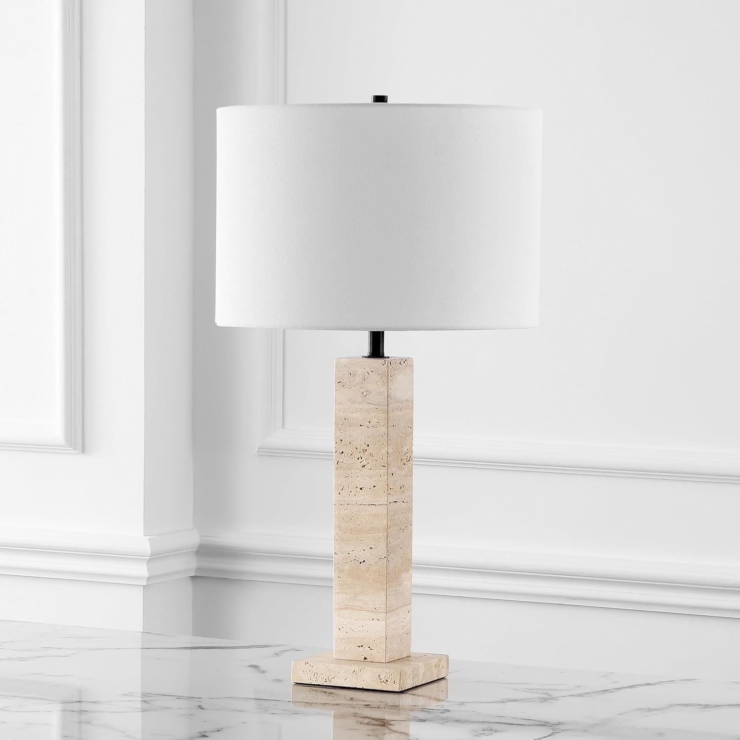 SAFAVIEH Couture Collection Hannabeth Travertine/Black 27-inch Dimmable Table Lamp for Bedroom Living Room Home Office Desk Nightstand