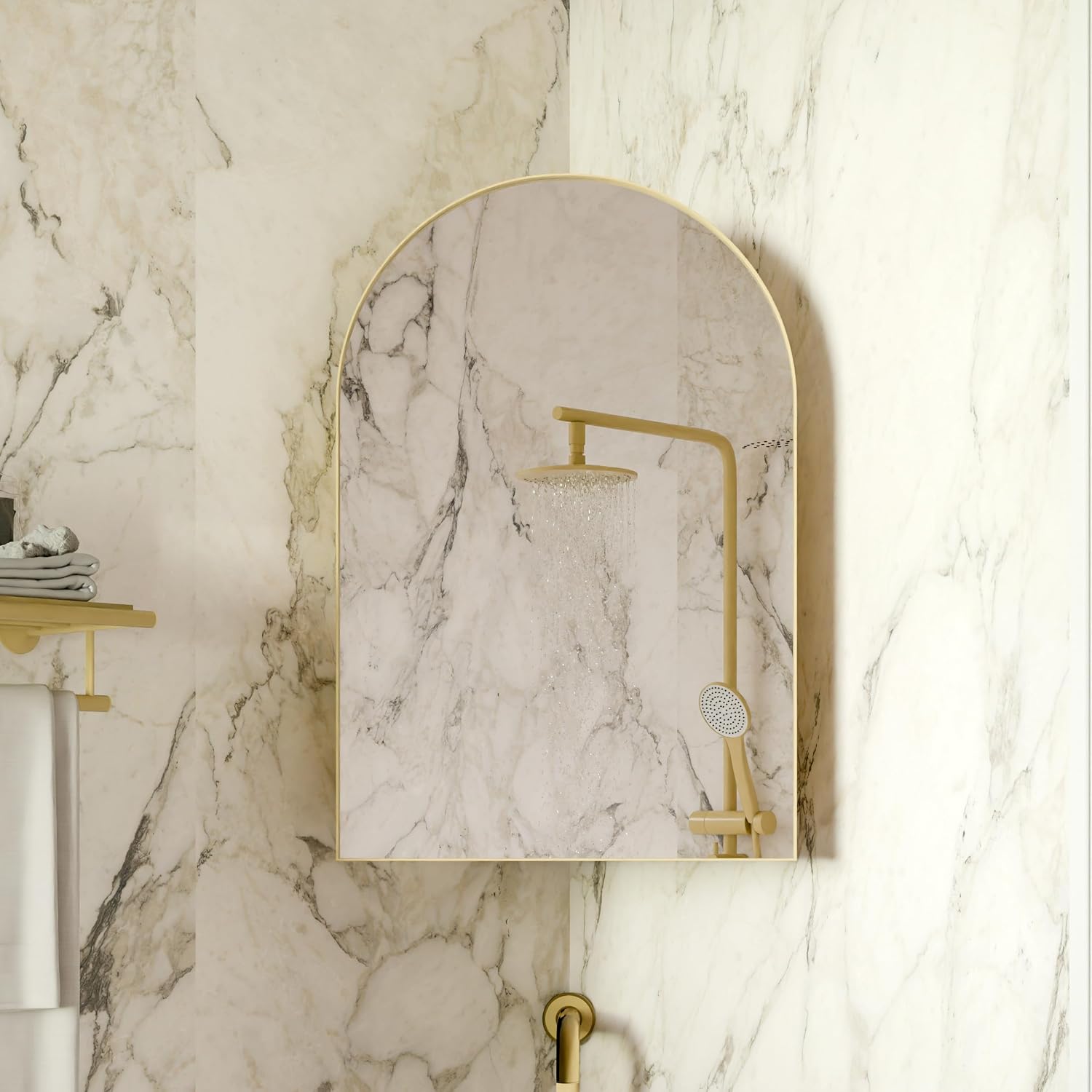 18x24 Inch Metal Corner Medicine Cabinet with Arched Mirror, Matte Gold, Adjustable Tempered Glass Shelves, Space-Saving Wall-Mounted Bathroom Storage Organizer for Small Bathrooms