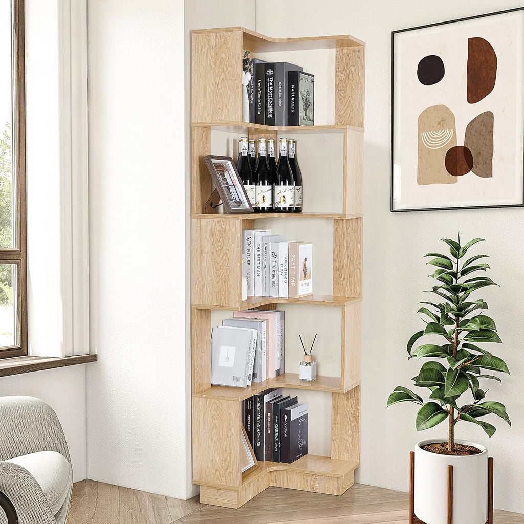 Wooden Corner Bookcase, 5 Tiers Corner Bookshelf 68.9' L-Shaped Storage Display Rack Tall Large Open Bookshelf with Fixture for Living Room Bedroom Study Office