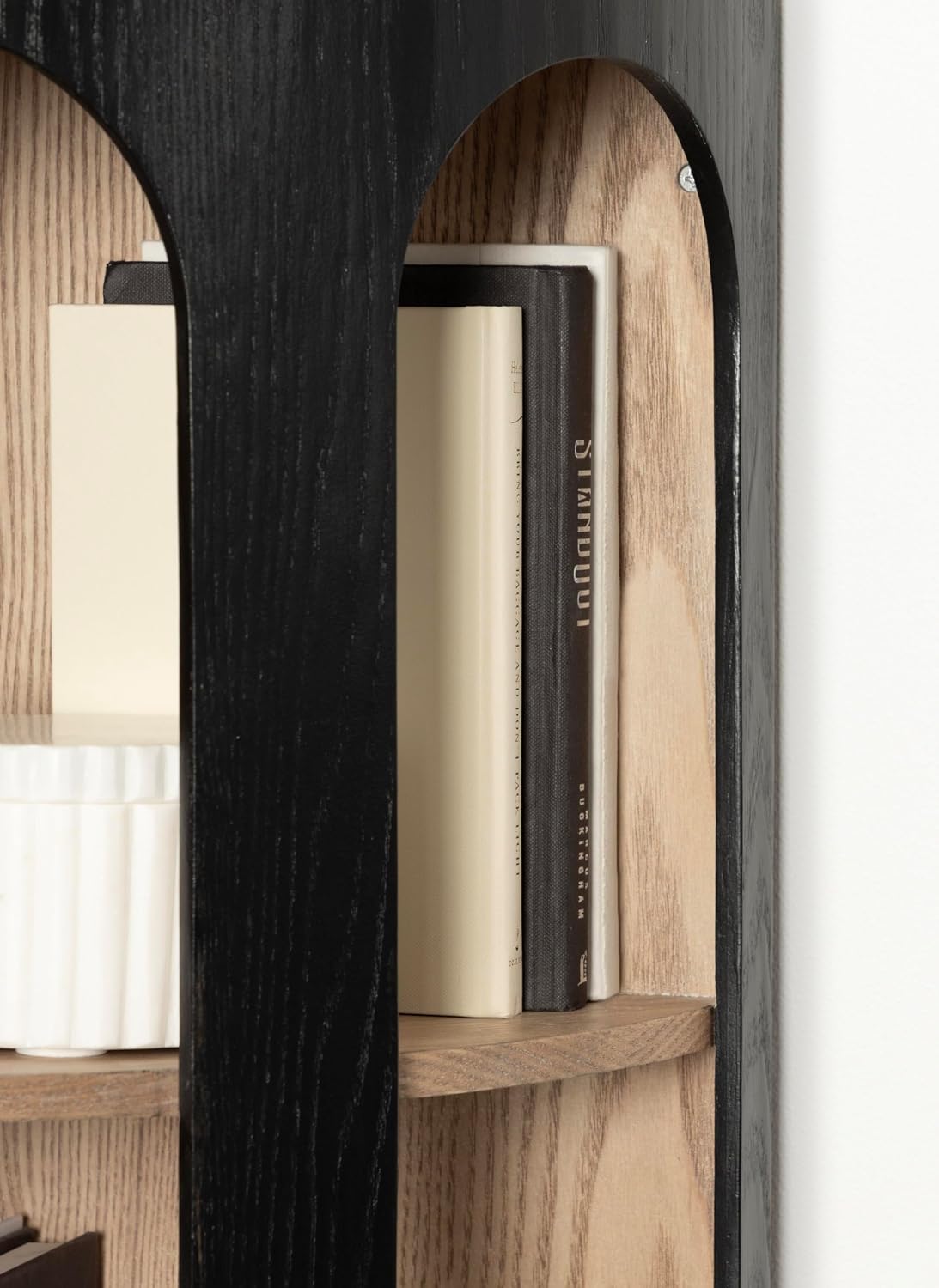 Kate and Laurel Elloree Modern Corner Shelf Cabinet for Storage and Display; 16 x 11 x 24; Black and Natural; Transitional Corner Storage for Use as Living Room Shelving or Bedroom Storage Design