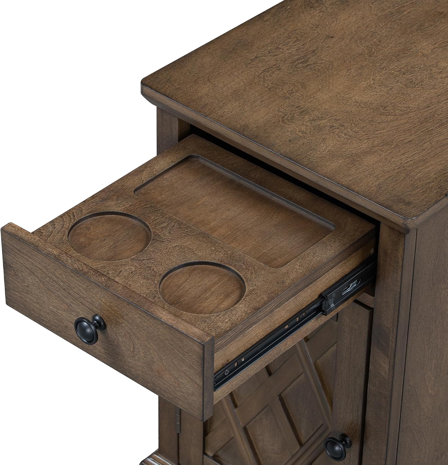 Multifunctional Classic Vintage End Table with USB Ports and 1 Drawer with Cup Holders, Sofa Side Narrow Table with Storage, Bedside Nightstand for Living Room Bedroom (Antique Brown-4.3)