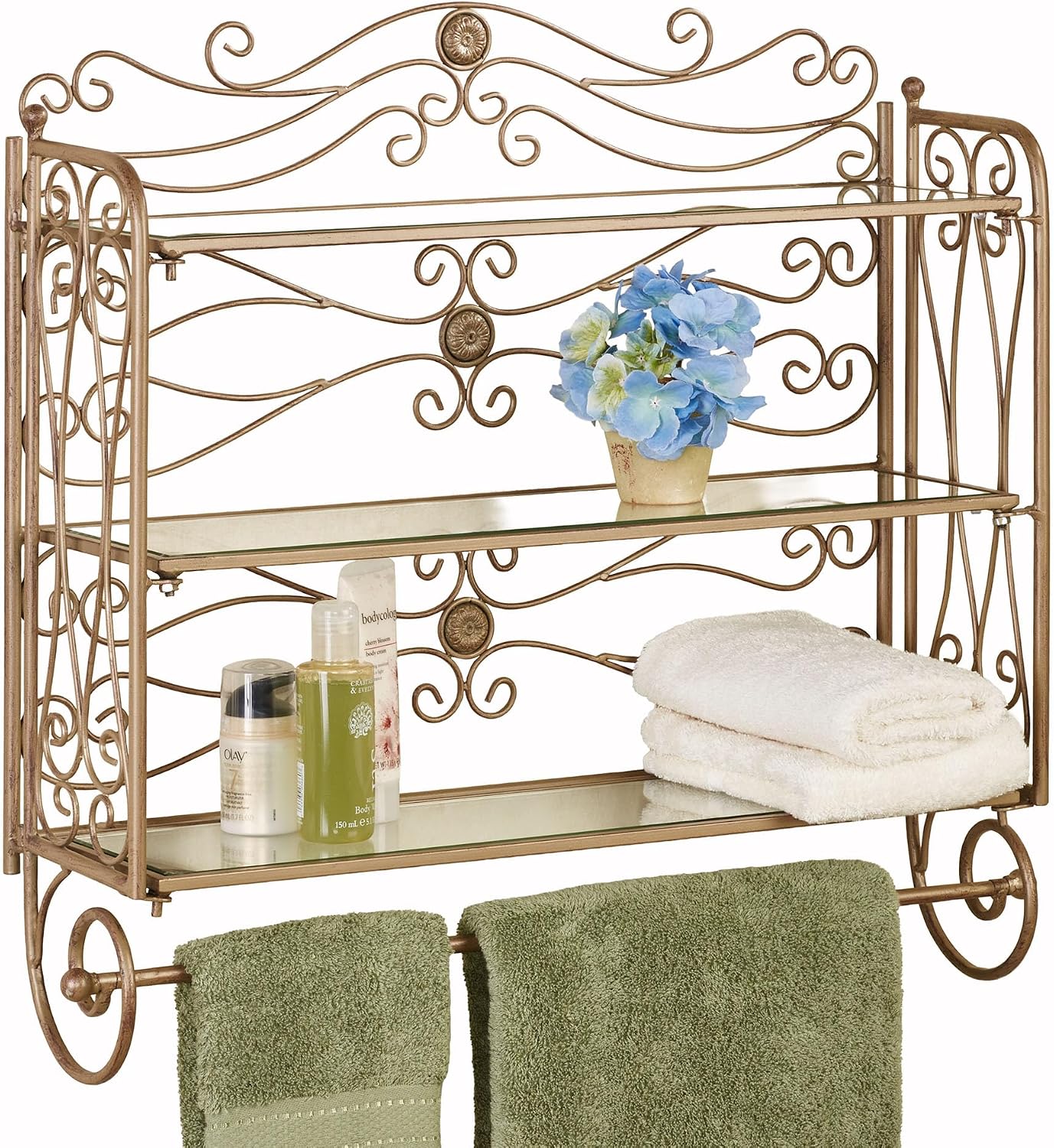 Touch of Class Kadalynn Wall Shelf with Towel Bar - Satin Gold - Handcrafted Metal - Decorative Storage - Mounted Rack Organizer for Bathroom - 3 Shelves - 24 Inches High