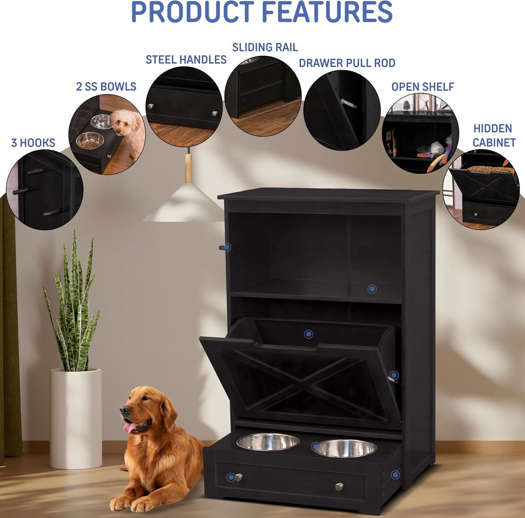 zoovilla Pet Feeding Station Furniture with Storage, Stylish Pet Food Cabinet with 2 Pull-Out Elevated Bowls, Tilt-Out Open Shelf Storage with 3 Hangers, Black.