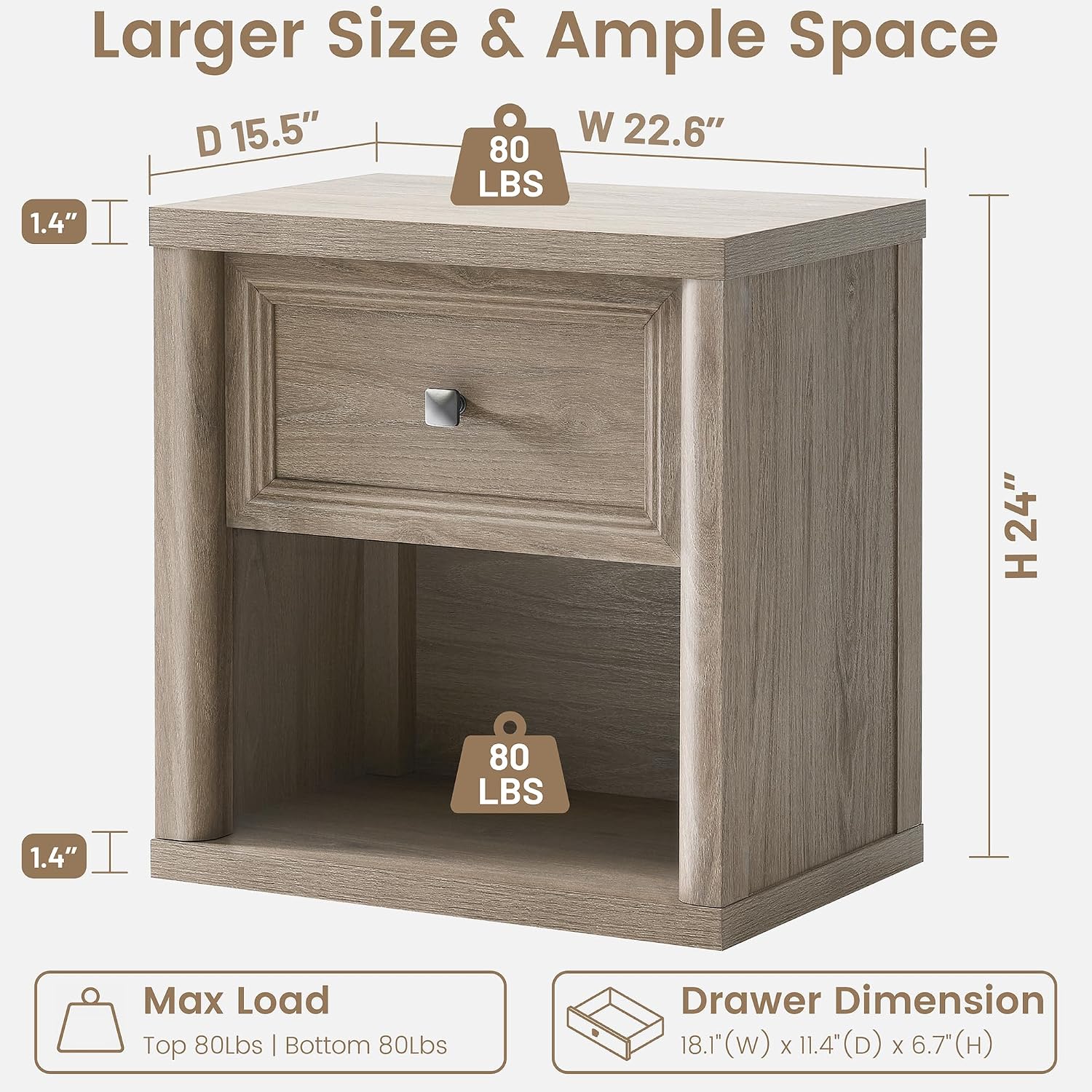 Standifurno Farmhouse Night Stand Set of 2, Grey Nightstands with Drawer Storage, Wood Large Side Tables End Table, 22.6' Wide Bedside Tables Night Stands for Bedroom Room Sofa Couch Office