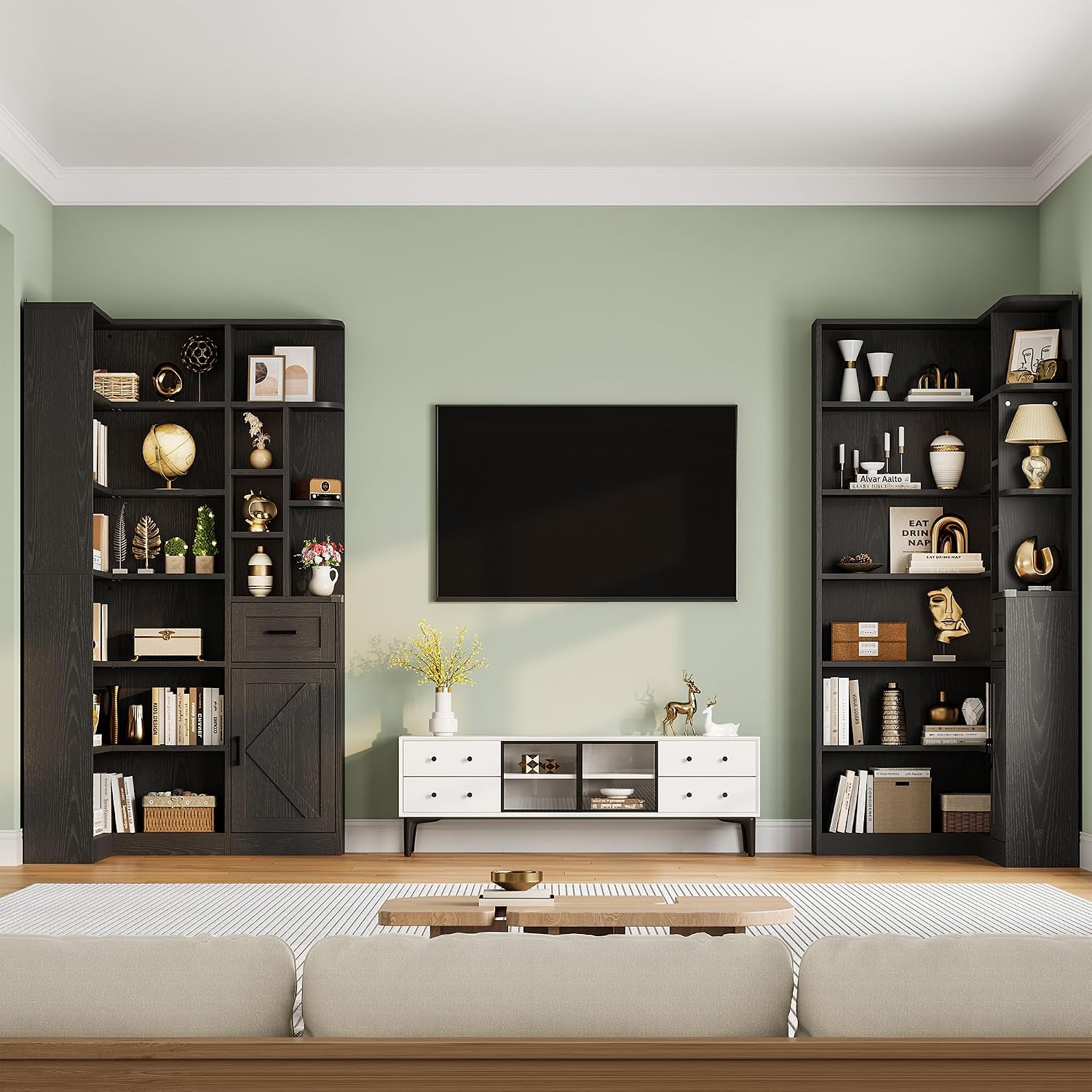 Garvee 74'' Tall Corner Bookshelf - 6-Tier Book Shelf with Drawer and Cabinets, l-Shaped Bookcase Open Storage Shelves Modern Display Shelf for Home, Office