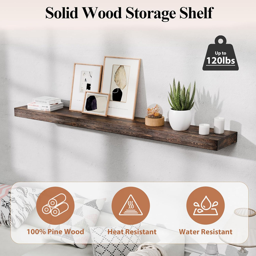 72 Inch Fireplace Mantel Shelf - 8' Deep Solid Wood Floating Mantel for Over Fireplace - 120LBS with Invisible Bracket - Handcrafted TV Decor for Livingroom & Bedroom -Charred Rustic Brown