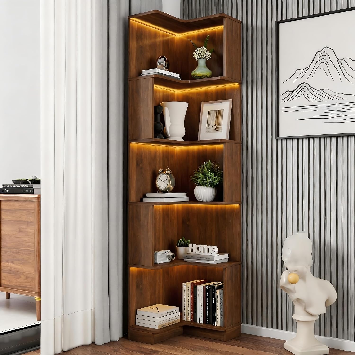 5-Tier Corner Bookshelf, L-Shaped Wood Corner Shelf with LED Lights and Baffle, Farmehouse Bookcase for Home Office Living Room Apartment, Walnut