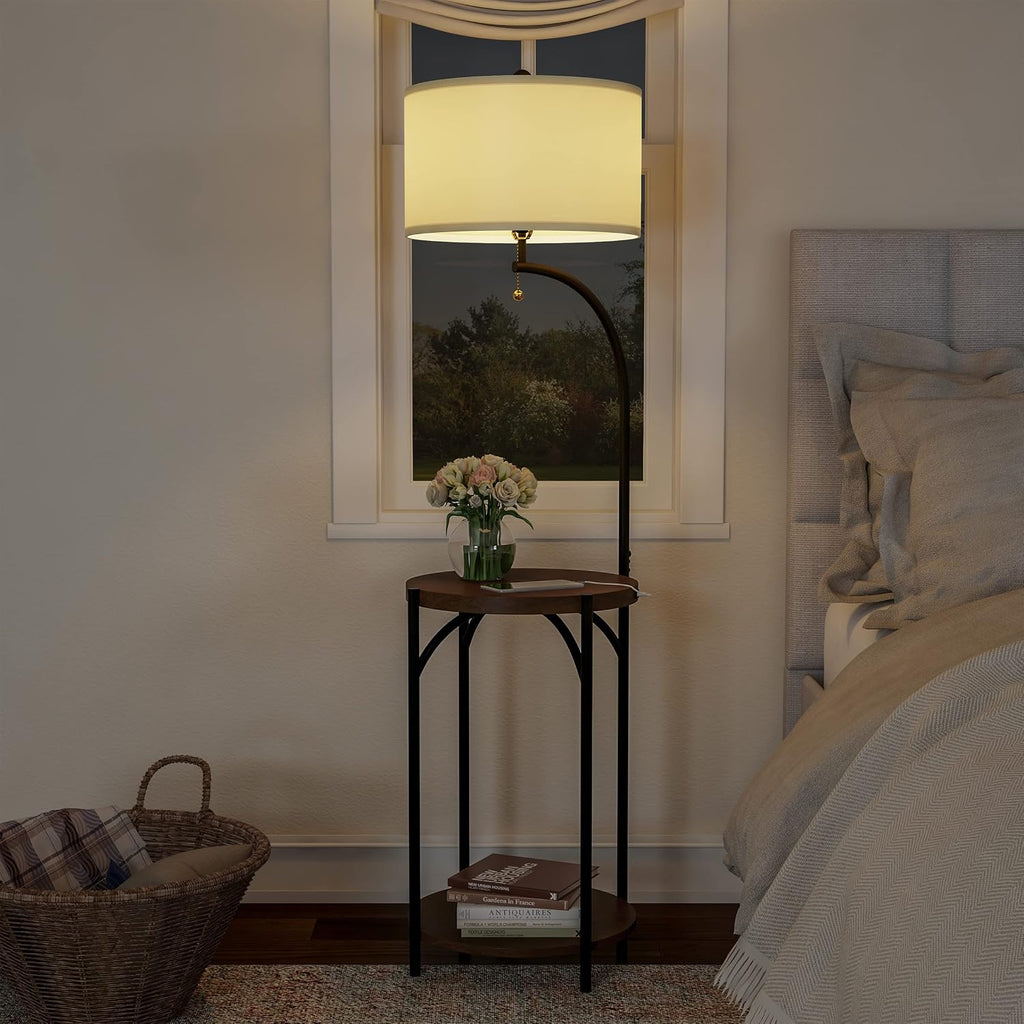 Floor Lamp with End Table - Modern Rustic Side Shelves with USB Charging Port, LED Light Bulb, and Drum-Shaped Shade - Standing Lights by Lavish Home