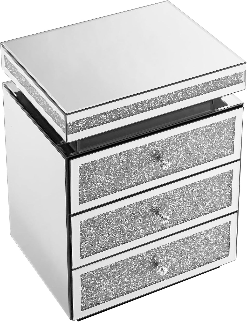 Mirrored Nightstand with 3 Drawers, Silver Nightstand with Crystal Inlay, Mirror End Table, Modern Bedside Table, Glass Table for Bedroom