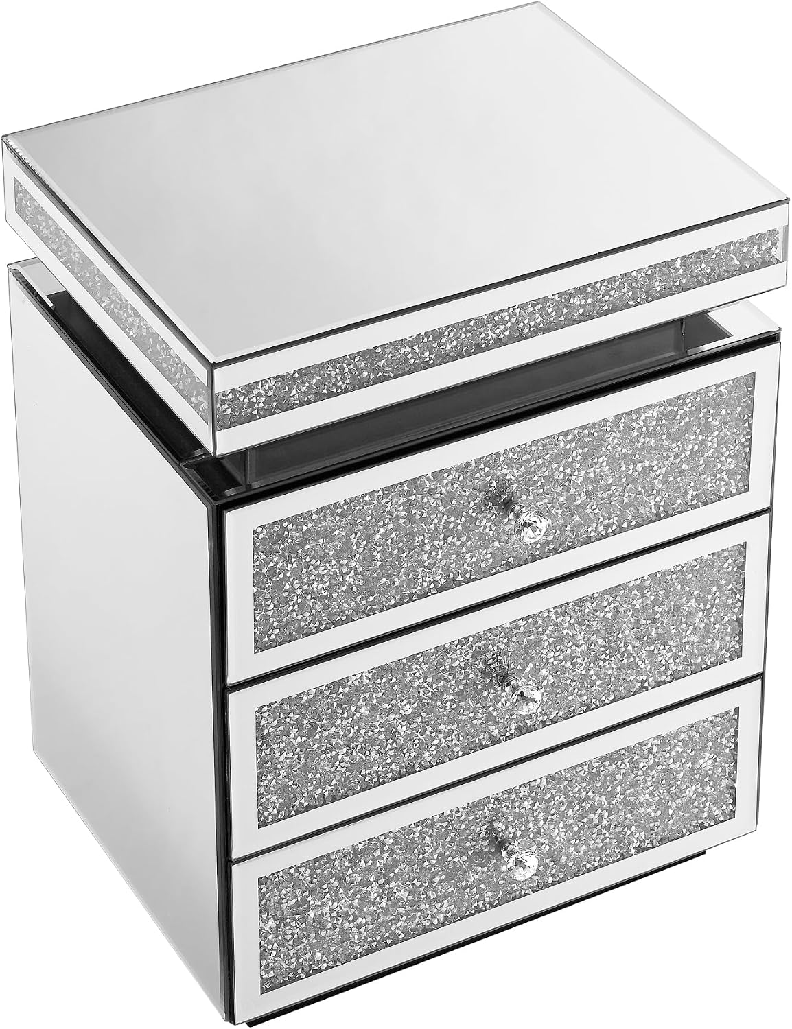 Mirrored Nightstand with 3 Drawers, Silver Nightstand with Crystal Inlay, Mirror End Table, Modern Bedside Table, Glass Table for Bedroom