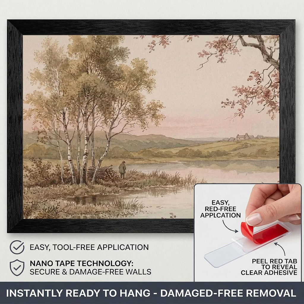 Framed Birch Tree Landscape Wall Art - 19th-Century Pastoral Watercolor Style - Black Frame Modern Home Decor - Serene Nature Print for Living Room and Office - Ready to Hang - 24x36 Inch