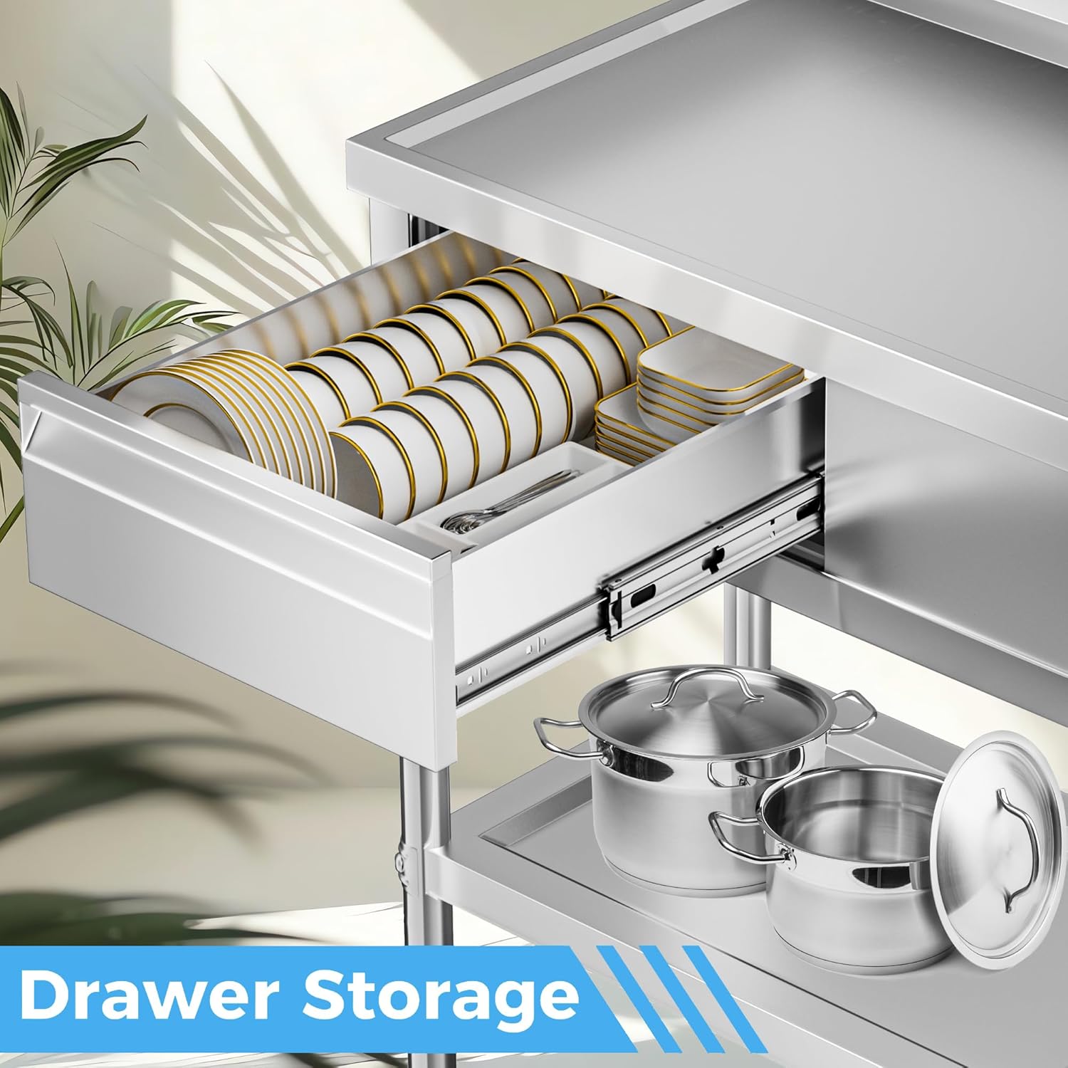 304 Stainless Steel Utility Sink – Free Standing Single Bowl with Workbench, Storage Drawer & Faucet, Hot and Cold Water Pipes for Laundry Room, Farmhouse, Outdoor Use