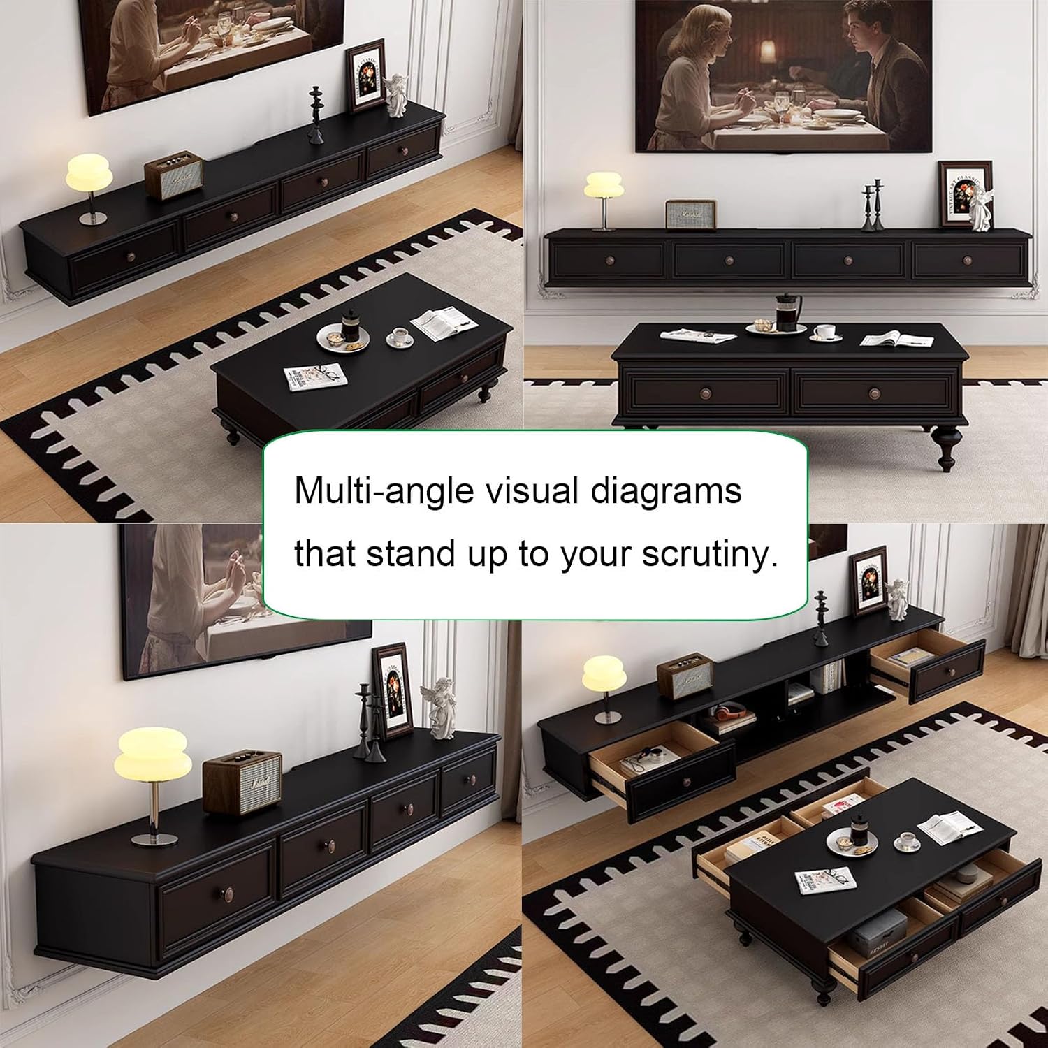 Floating TV Stand Large Floating TV Shelves Wall Mounted Multi Storage Compartment TV Media Console Floating TV Cabinet Bench Under TV Large Storage (Black D, 86.6 * 7.9 * 9.4 in)