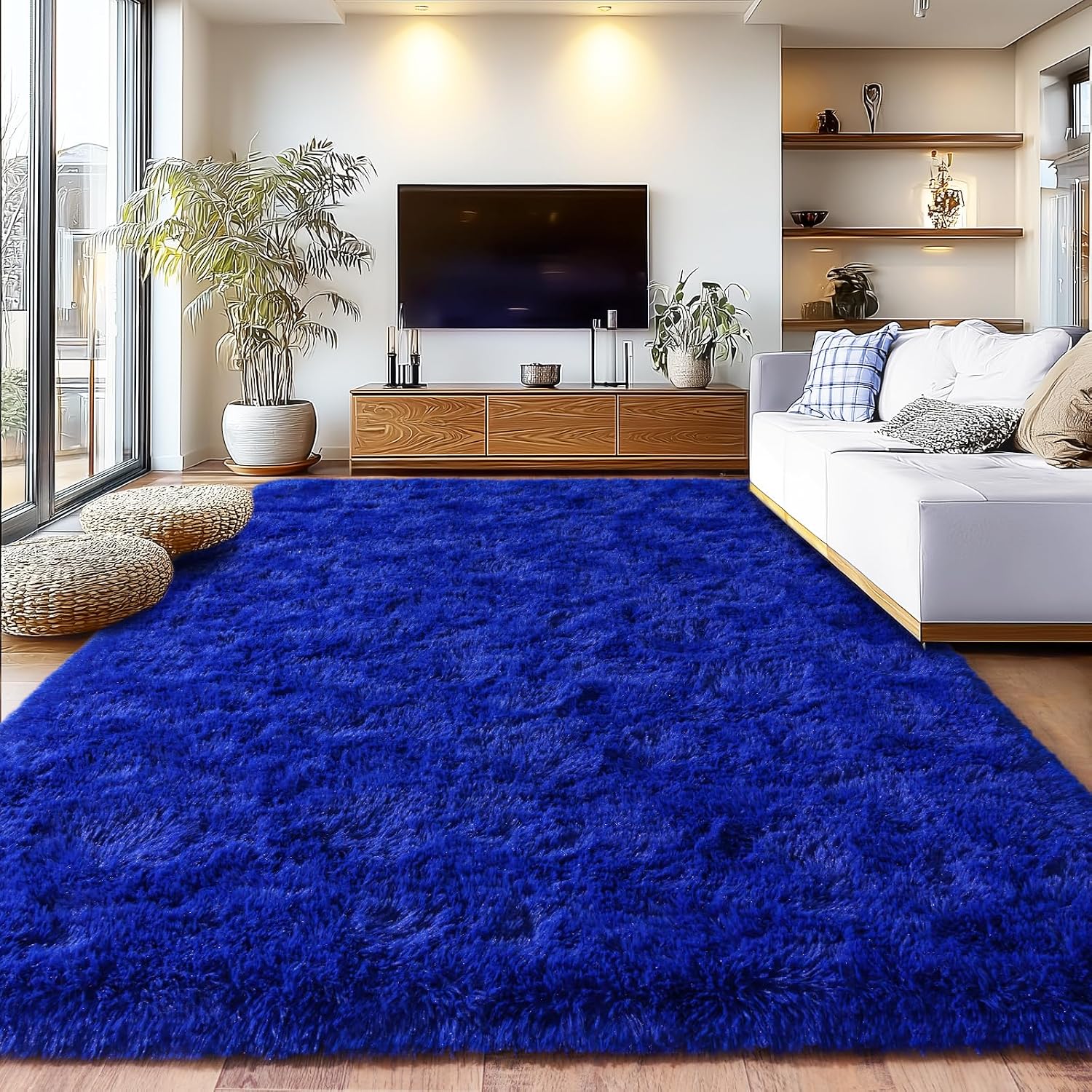 Extra Large 10x14ft Fuzzy Rug Blue Fluffy Rug for Living Room, Big Plush Non-Skid Shag Carpet, Soft Shaggy Rugs for Bedroom Indoor Modern Home Decor