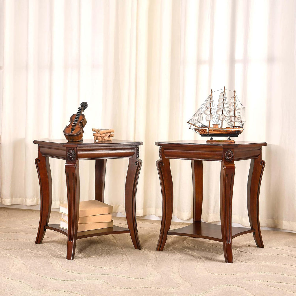 Square End Table with Storage Shelf, Farmhouse Sofa Side Tables for Living Room, Solid Wood Beside Table- With Floral Tabletop,Telephone Tabless, 19.7'D x 19.7'W x 23.8'H Cherry Brown CJZ-A1168-WD