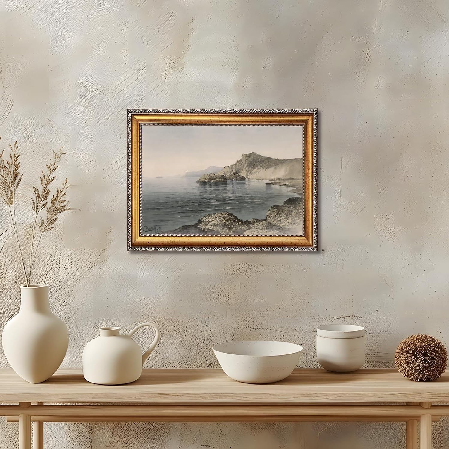 Large Framed Rocky Coastal Cliff Landscape Canvas Wall Art Vintage Classical Seascape Oil Painting Poster European Ocean Shore Artwork Print Rugged Seaside Scenery Bedroom Home Decor 24x36inch