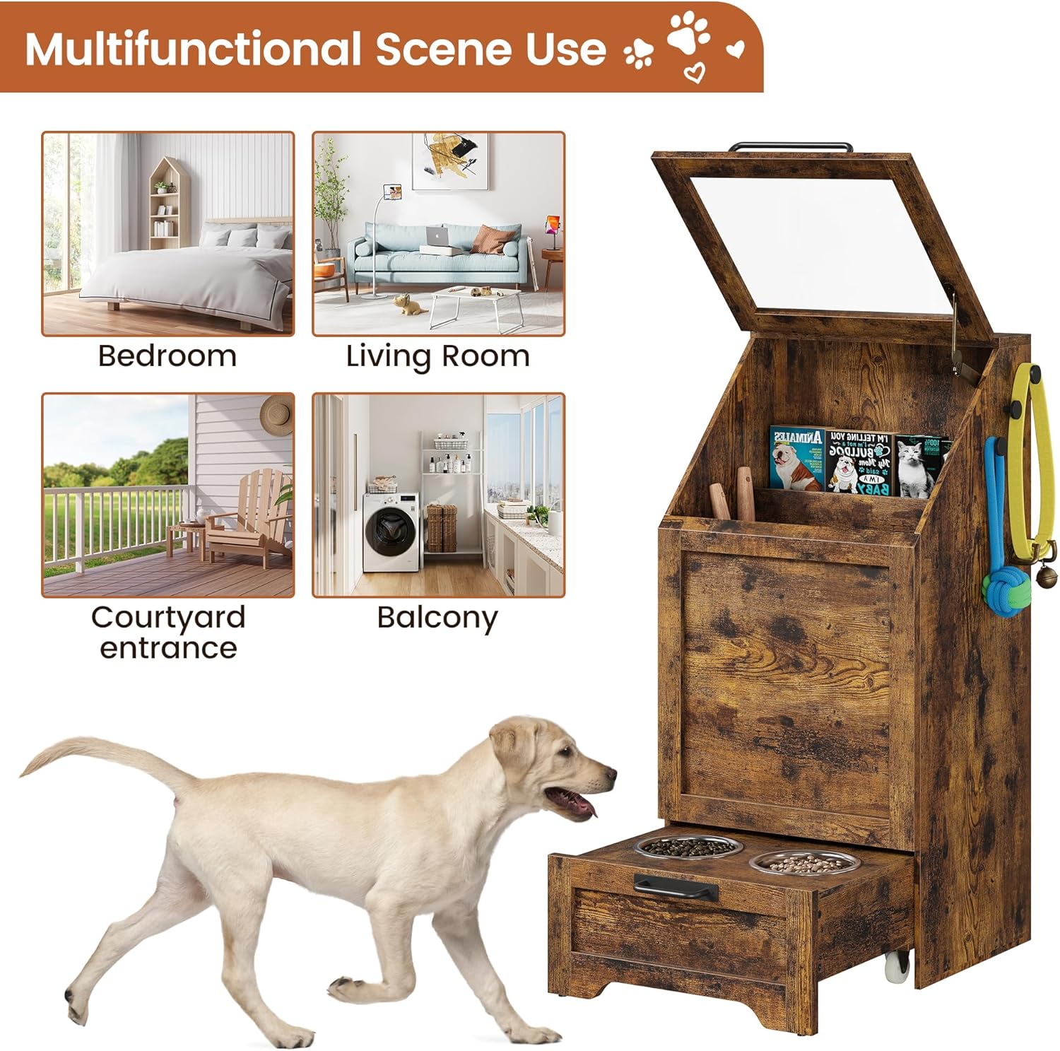 Dog Feeding Station with Storage - Large Capacity Dog Food Storage Cabinet with 2 Removable Stainless Steel Bowls, Flip Top Pet Food Container Toy Storage Organizer - Brown