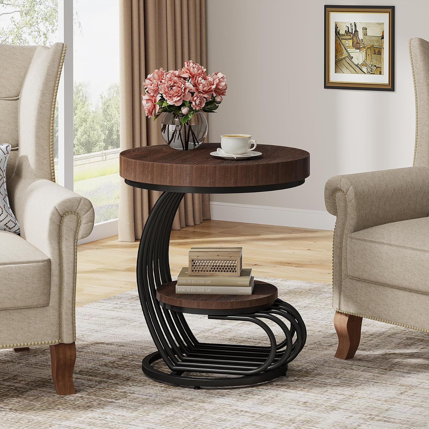 Tribesigns Round End Table, 2-Tier Farmhose Wood Side Table with Shelf Storage, Small Sofa Side Bedside Nightstand, Arc-Shaped Frame Accent Furniture for Living Room, Rustic Brown