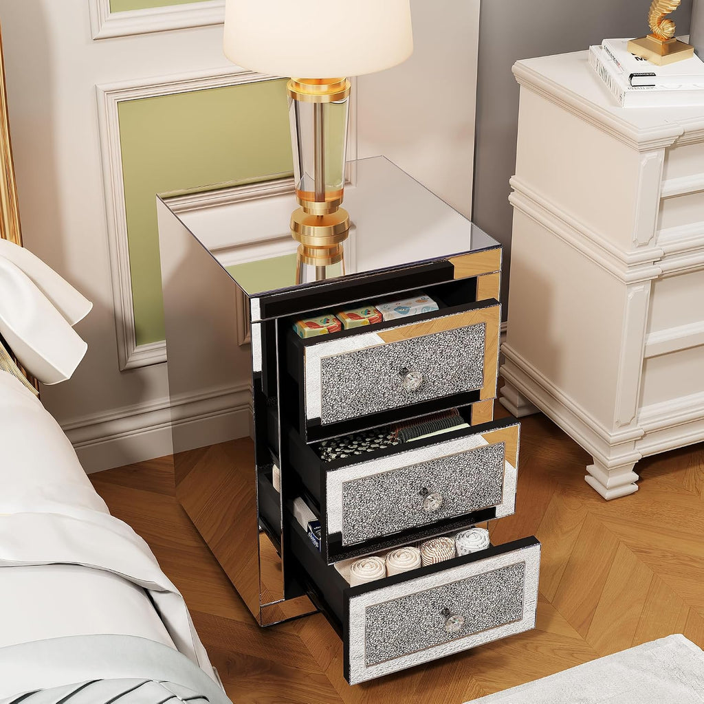 3-Drawer Mirrored Nightstand Bedside Table, Modern Mirrored End Side Table for Living Room, Bedroom, Entryway