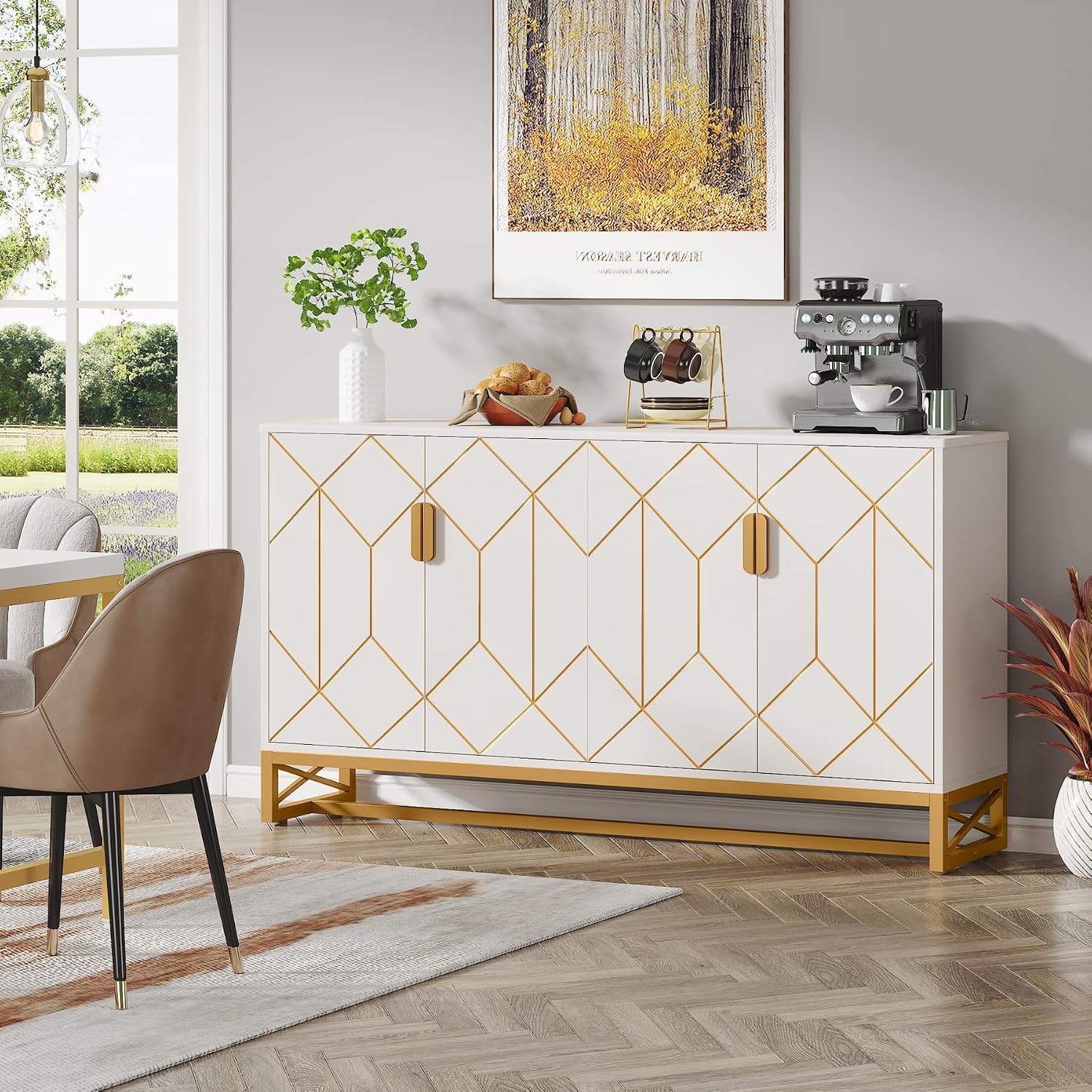 Tribesigns White Gold Storage Cabinet with Door and Adjustable Shelves for Living Room, Modern Floor Cabinets Long Sideboard Buffet Golden Coffee Bar with 4 Doors Metal Frame for Home Office Kitchen
