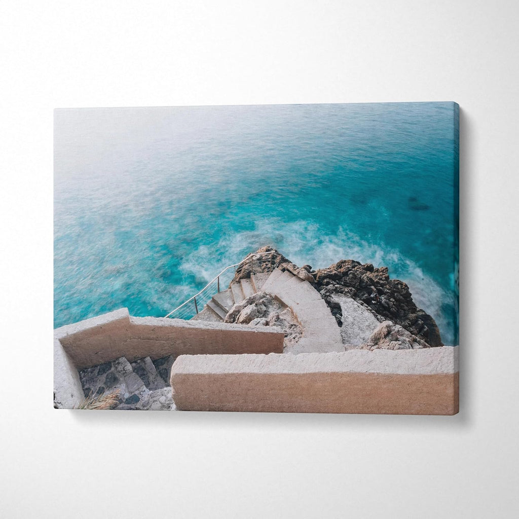 Throttle Designs. Elegant Coastal Architecture Canvas Wall Art Turquoise Calm Staircase Over Ocean Rocks-36? x 24? (Horizontal) / 1.5' - Bedroom, Living Room, Office Decor - Ready to Hang