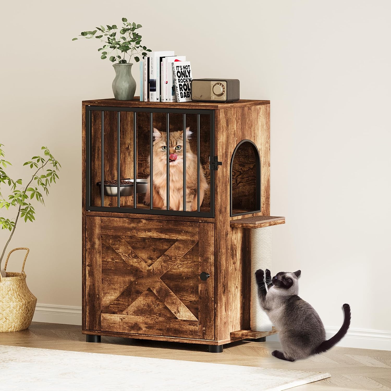 Cat Feeding Station, Dog Proof Cat Feeding Station with Scratching Post, Elevated Food Bowls with Stand, Cats Tree with Food Storage for Small Spaces, Pet House Furniture (Vintage)