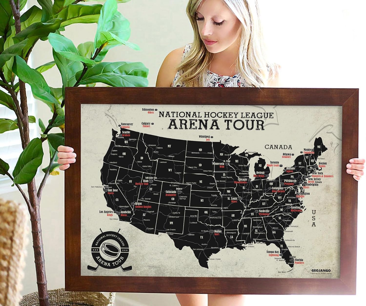 Framed Hockey Arena Map - Features All Professional Hockey Teams & Arenas - Track your Sports Travels - Includes 35 Red Push Pins