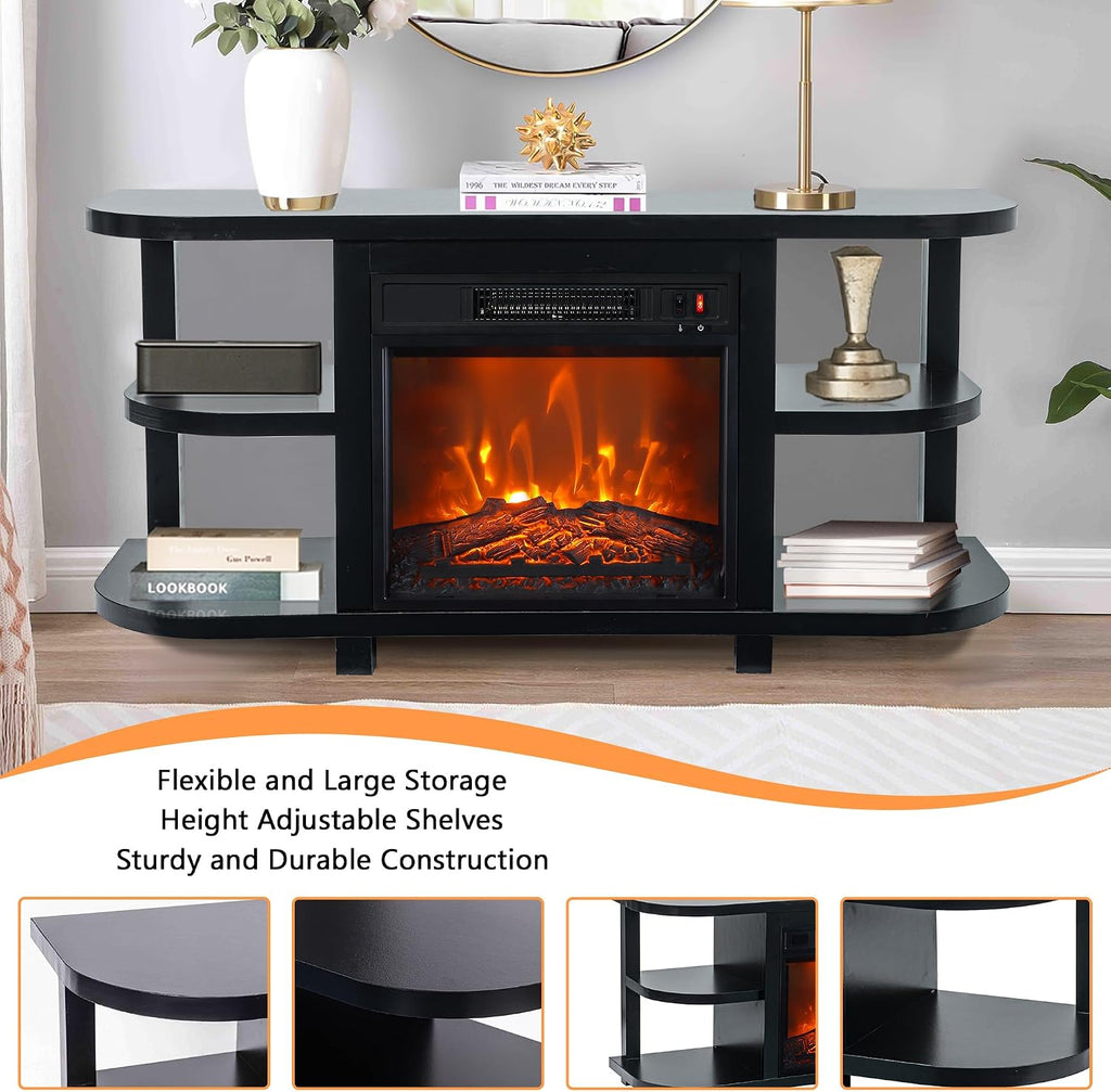 48' Fireplace TV Stand for TVs up to 55', Farmhouse Entertainment Center with 18' Electric Fireplace Insert, 1400W Wood Media Console Table with Open Storage Shelves for Living Room, Bedroom (Black)