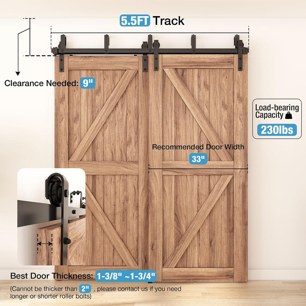 ZEKOO 5.5FT Double Track Bypass Sliding Barn Door Hardware Kit for 2 Doors, Bypass Barn Door Track Kit, Low Ceiling, Easy Install, Fit 33' Wide Door Panel