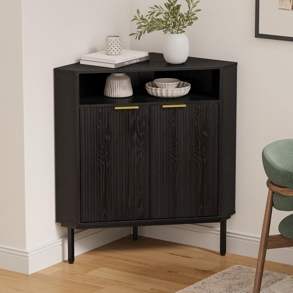 EYYTHUNG Black Corner Cabinet with Open Storage, Fluted Small Corner Floor Cabinet with 2 Doors & Adjustable Shelf, Wooden Freestanding Storage Organizer for Small Space,Living Room, Dining Room