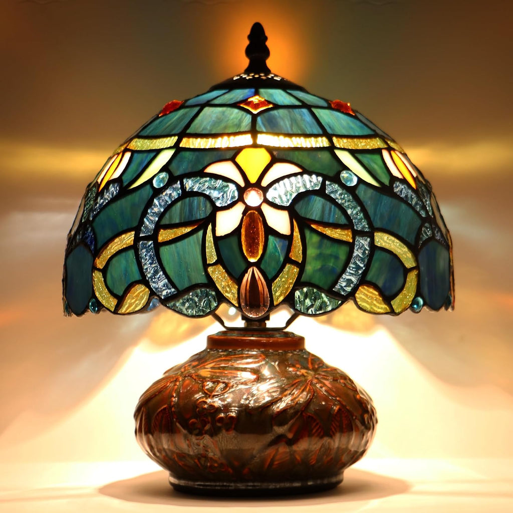 Small Tiffany Table Lamp, 10X10X11 Inch Mini Stained Glass Mushroom Desk Light Memory Sympathy Ceramic lamp (Blue Baroque Style)