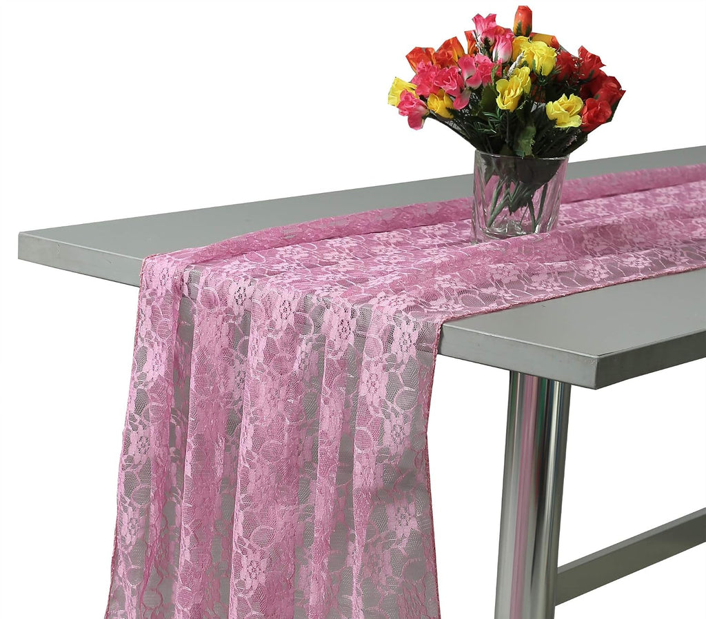 MDS Pack of 12 Wedding 27 x 170 inches Long Sheer lace Table Runner for Wedding Banquets Decorations Birthday Parties, Engagements, Rustic Boho for 14Feet Table Runners - Dusty Pink