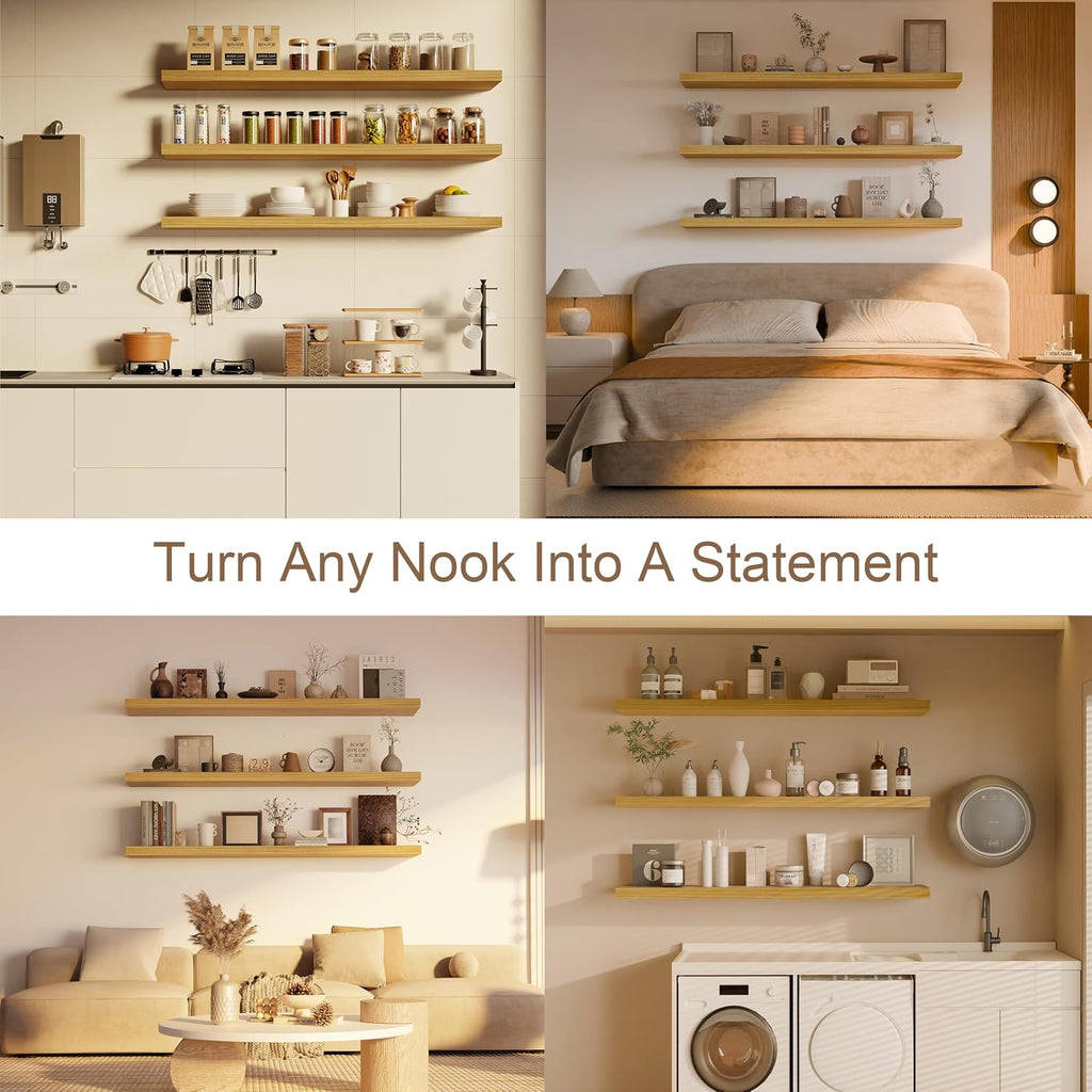 48-Inch Floating Shelves, Set of 3 Wall Mounted Storage Ledges, 12-Inch Deep Extra-Thick Solid Paulownia Wood Shelving for Kitchen, Living Room, Bedroom & Bathroom, Natural Clear Finish