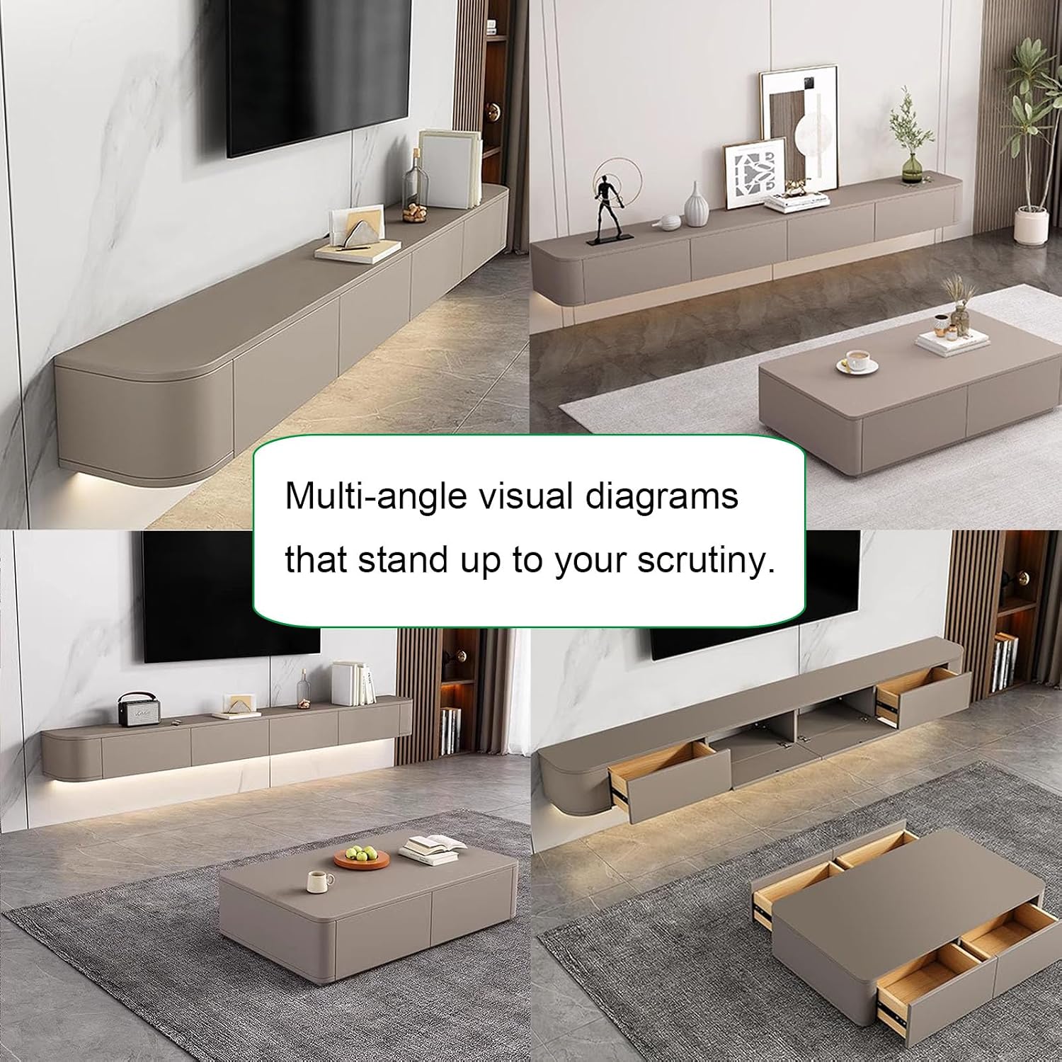 Floating TV Stand Large Floating TV Shelves Wall Mounted Multi Storage Compartment TV Media Console Floating TV Cabinet Bench Under TV Large Storage TV Lowboard (Khaki, 86.6 * 7.9 * 9.4 in)