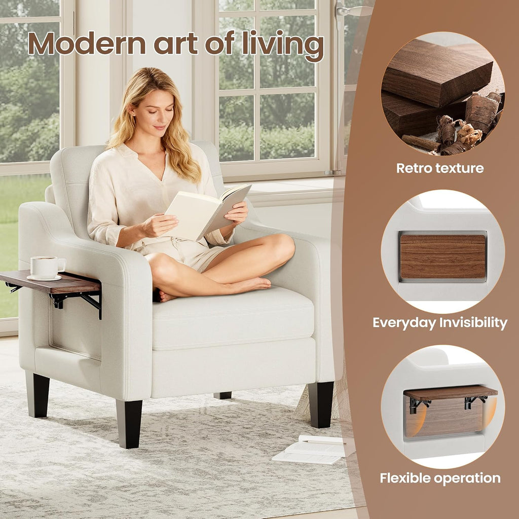 Accent Chair for Living Room Modern Linen Upholstered Armchair Side Wooden Fabric Sofa Chair with Foldable Table 2 Side Pockets Comfy Reading Chair for Bedroom