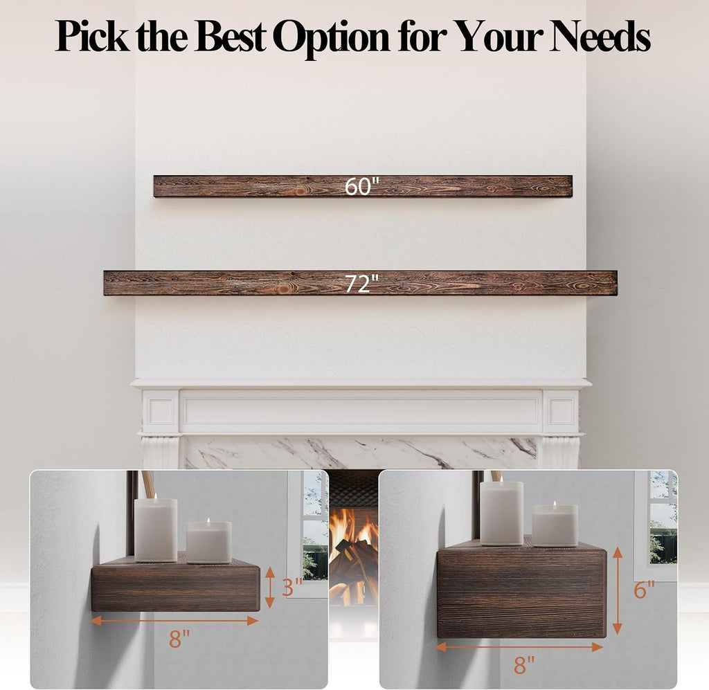 72 Inch Fireplace Mantel Shelf - 8' Deep Solid Wood Floating Mantel for Over Fireplace - 120LBS with Invisible Bracket - Handcrafted TV Decor for Livingroom & Bedroom -Charred Rustic Brown