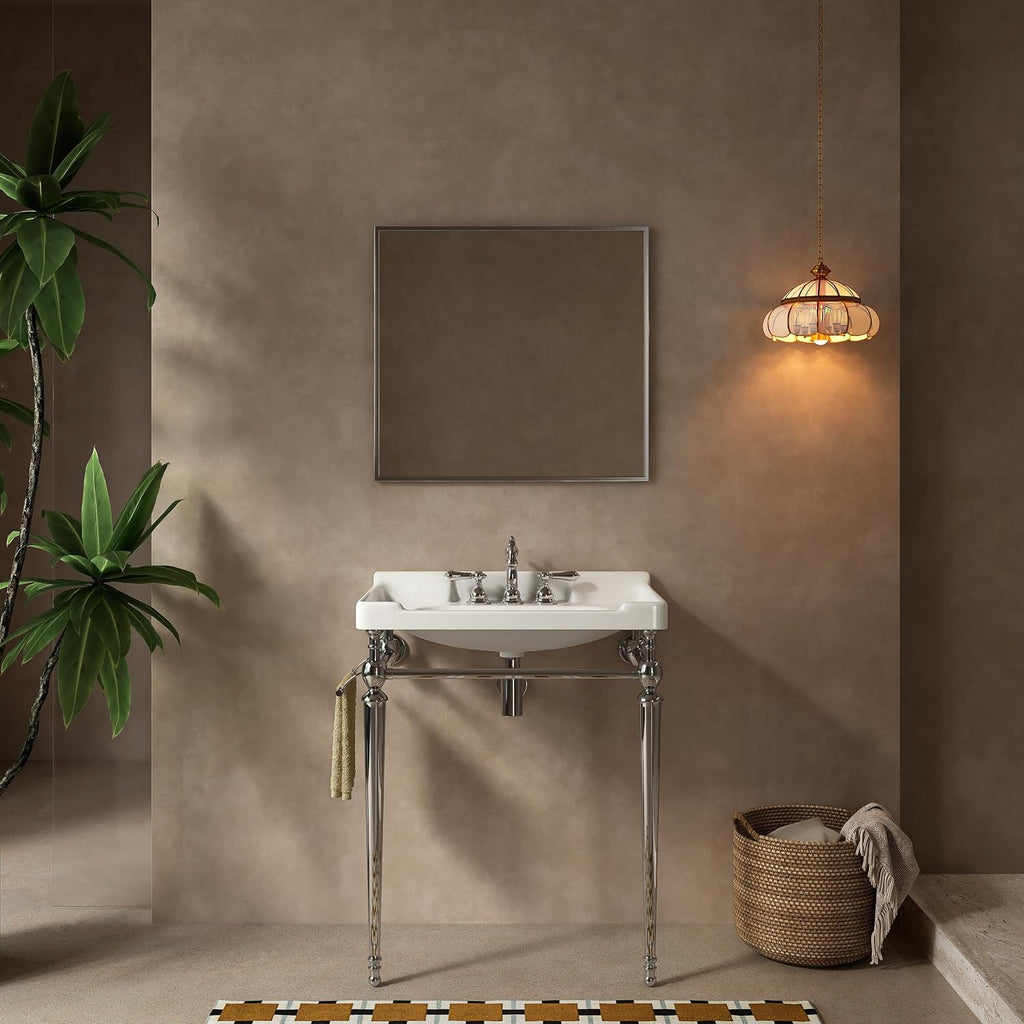 Yayzy 28' Console Bathroom Vanity with White Ceramic Sink, Silver Stainless Steel Legs & Towel Bar, 3 Faucet Holes, No Faucet, Wall-Mounted Support