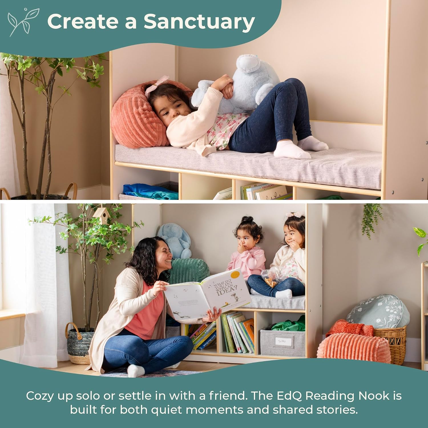 Guidecraft EdQ Kids' Reading Nook - White: Wooden Reading Bench Bookshelf Organizer with Storage Cubbies and Bins for Books | Classroom and Playroom Furniture