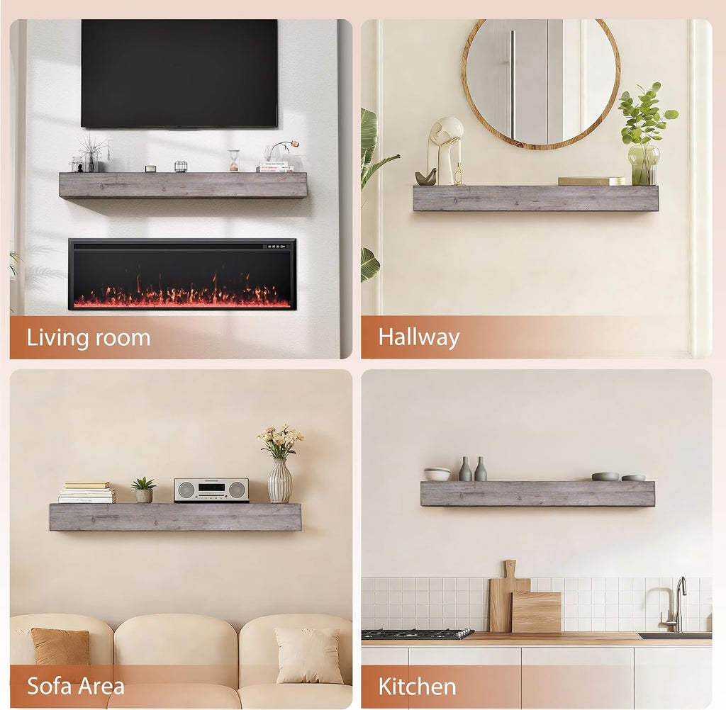 60 Inch Fireplace Mantel Shelf - 8' Deep Solid Wood Floating Mantel for Over Fireplace - 90LBS with Invisible Bracket - Handcrafted TV Decor for Livingroom & Bedroom - Charred Rustic Gray