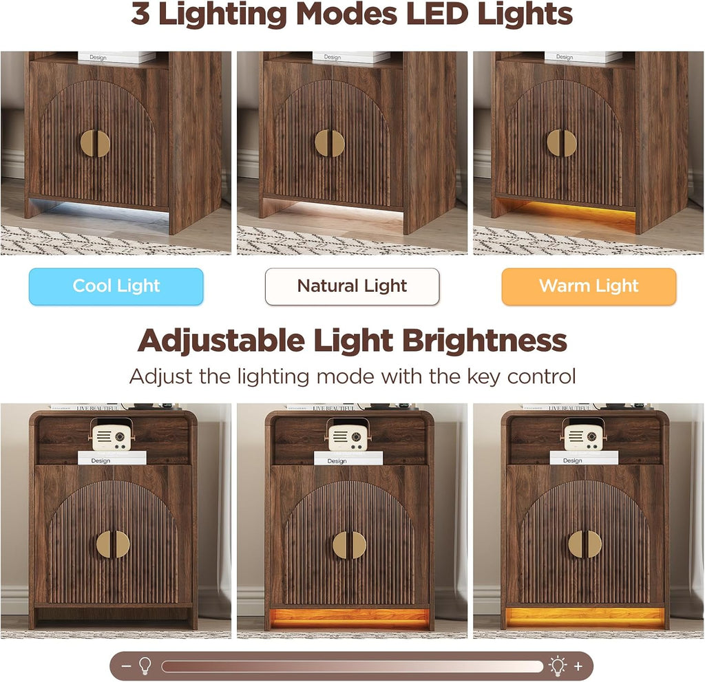 Nightstand with Charging Station and LED Lights, Night Stands with Adjustable Storage Cabinet, Modern Side Table with Fluted Doors and Open Storage, Bedside Table for Bedroom, Walnut