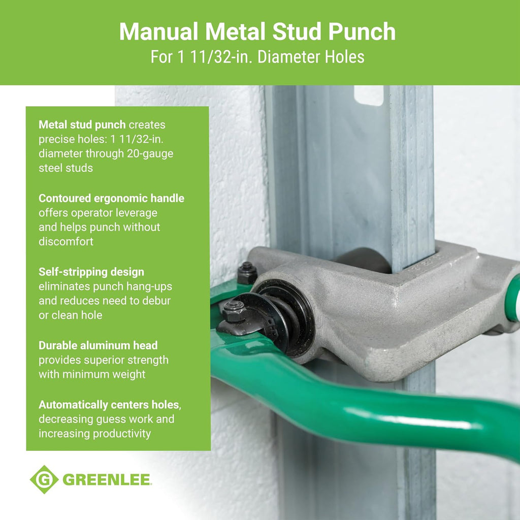 Greenlee 710 1-11/32' Manual Metal Stud Punch Tool with Aluminum Head and Contoured Handle, 1-11/32' Diameter Self-Stripping Stud Puncher