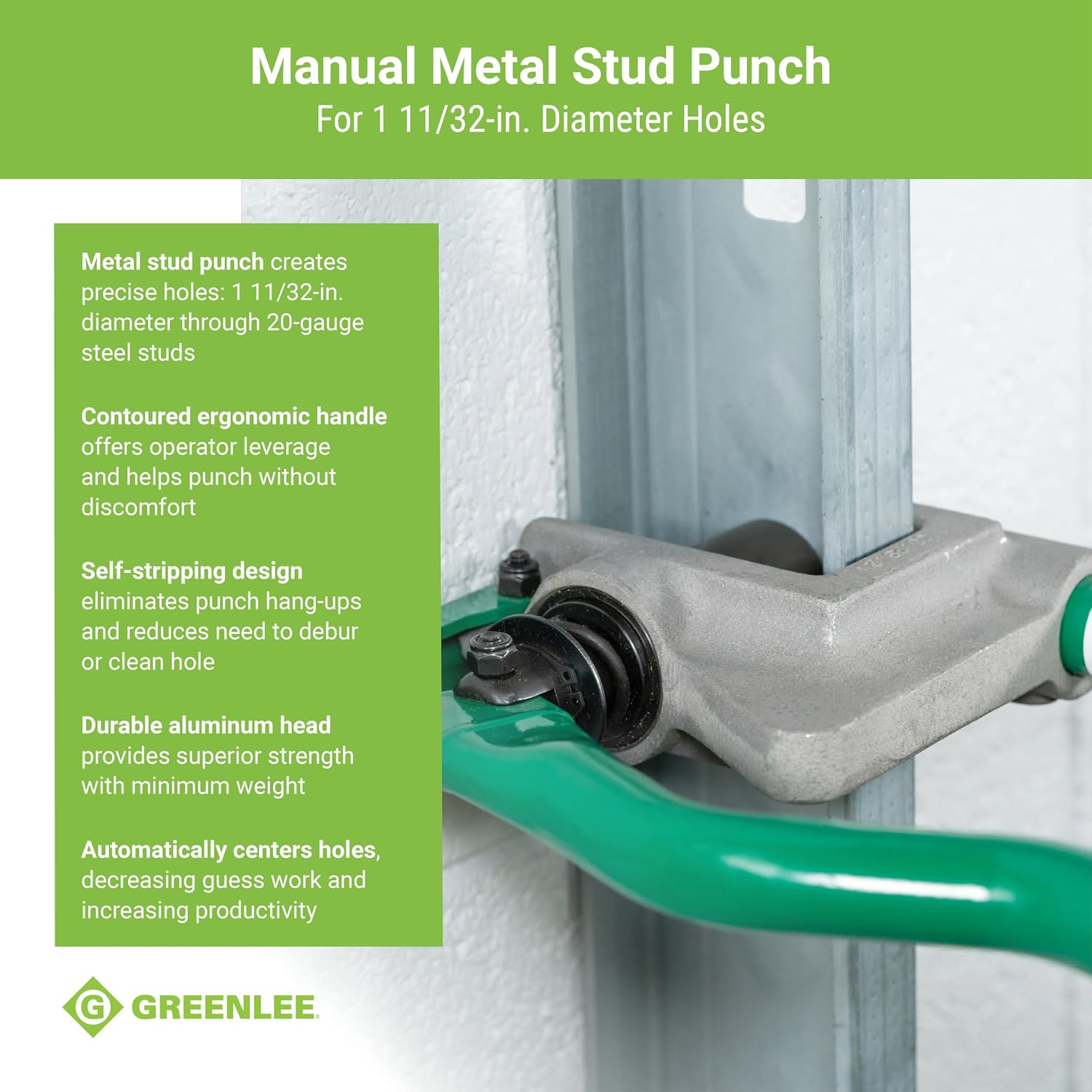 Greenlee 710 1-11/32' Manual Metal Stud Punch Tool with Aluminum Head and Contoured Handle, 1-11/32' Diameter Self-Stripping Stud Puncher