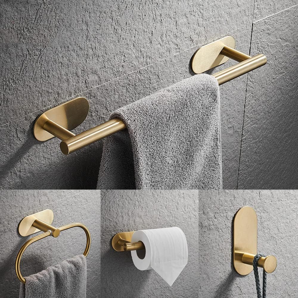 No Drilling Stainless Steel Self-Adhesive Towel Bar Paper Holder Robe Hook Towel Ring Black Silver Gold Bathroom Accessories Set,Gold 3pcs Set B