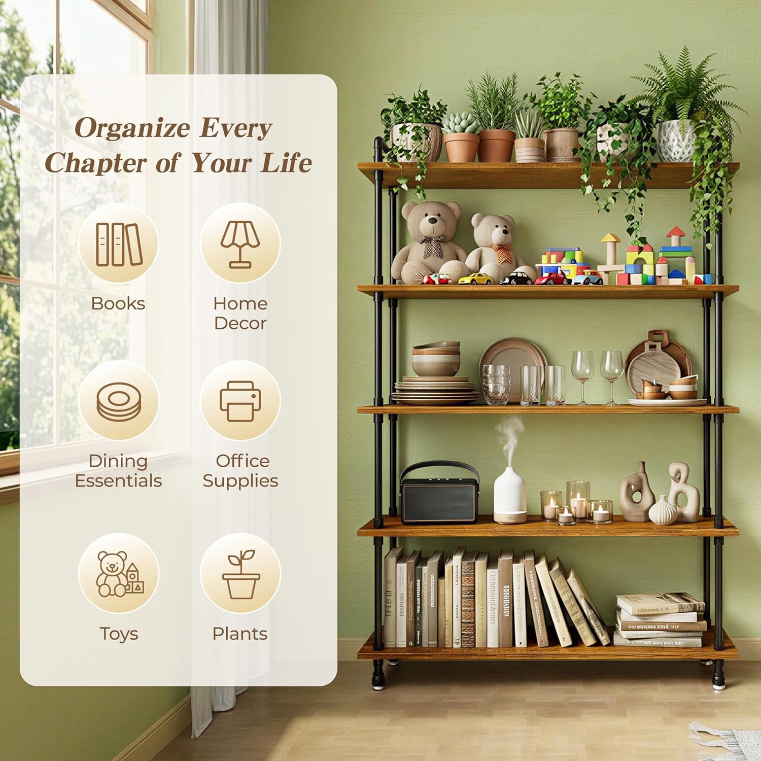 Industrial Bookshelf, Rustic Open Bookcase, 5 Tier Wood and Metal Bookshelf, Solid Pine Wood and Iron Pipe Tall Narrow Storage Shelf for Living Room Bedroom Office Kitchen