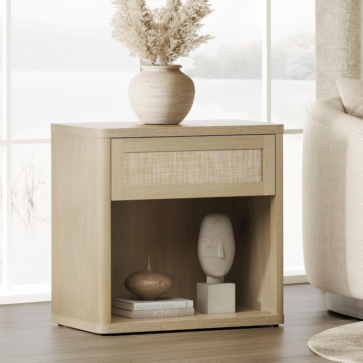 SICOTAS Night Stand Set of 2 26' Wide Large Nightstands with Drawer & Shelf Storage Rattan Bedside Table Boho End Table Tall Bed Side Tables Night Stands for Bedroom Living Room Sofa Office, Sand Oak
