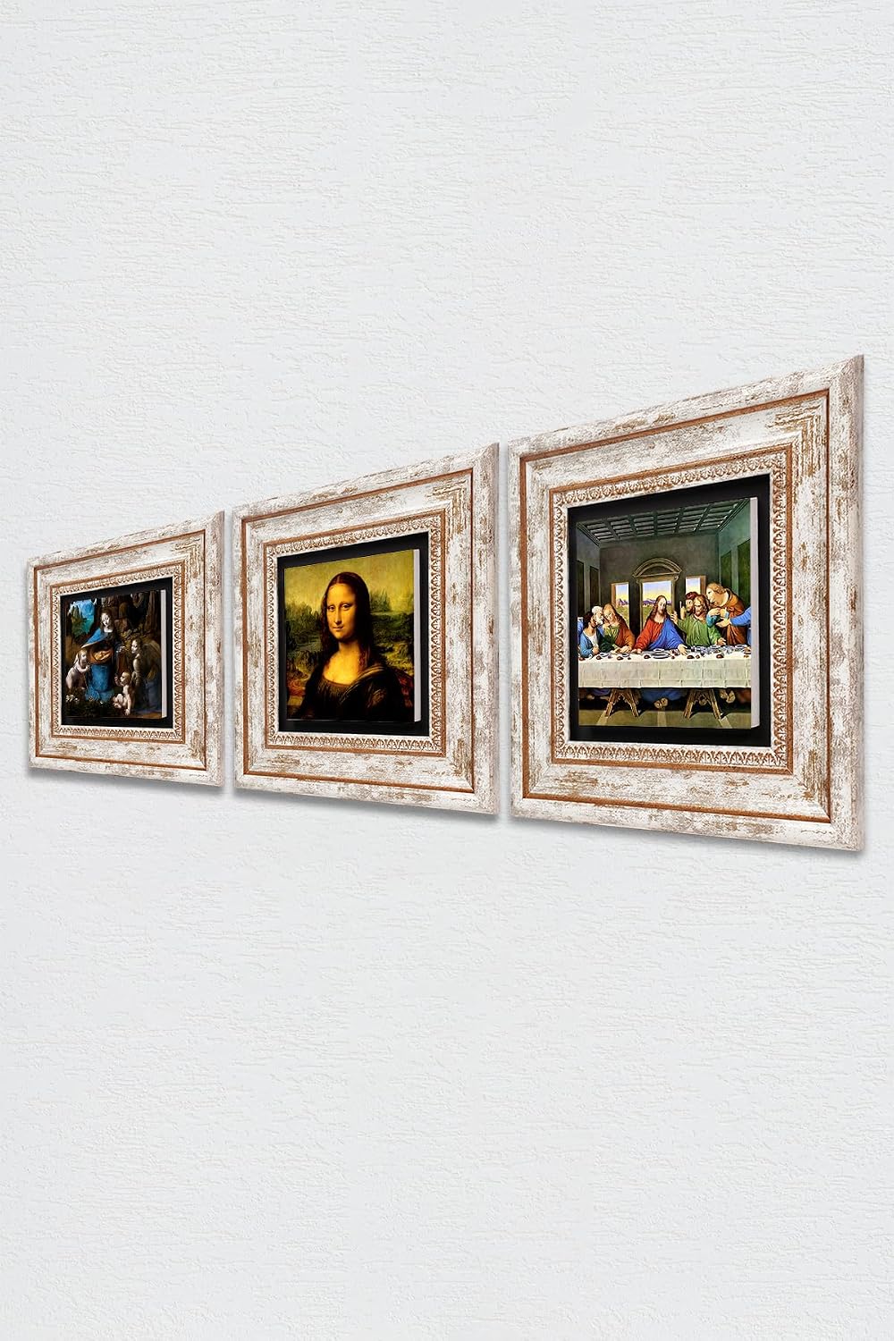 Stone Wall Art Set Framed Da Vinci's Last Supper, Virgin of the Rocks, Mona Lisa, Stone, White Color, Classic Theme, 3 Piece Set, Wall Decor - Multicolor, 20 cm