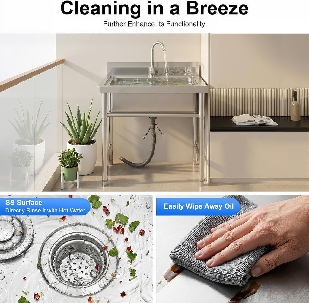 Stainless Steel Sink Single Bowl Commercial Utility Sink Free Standing Kitchen Sinks with Cold and Hot Water Faucets for Kitchens, Garage, Laundry Room (31.5' W x 23.6' D x 36.6' H)