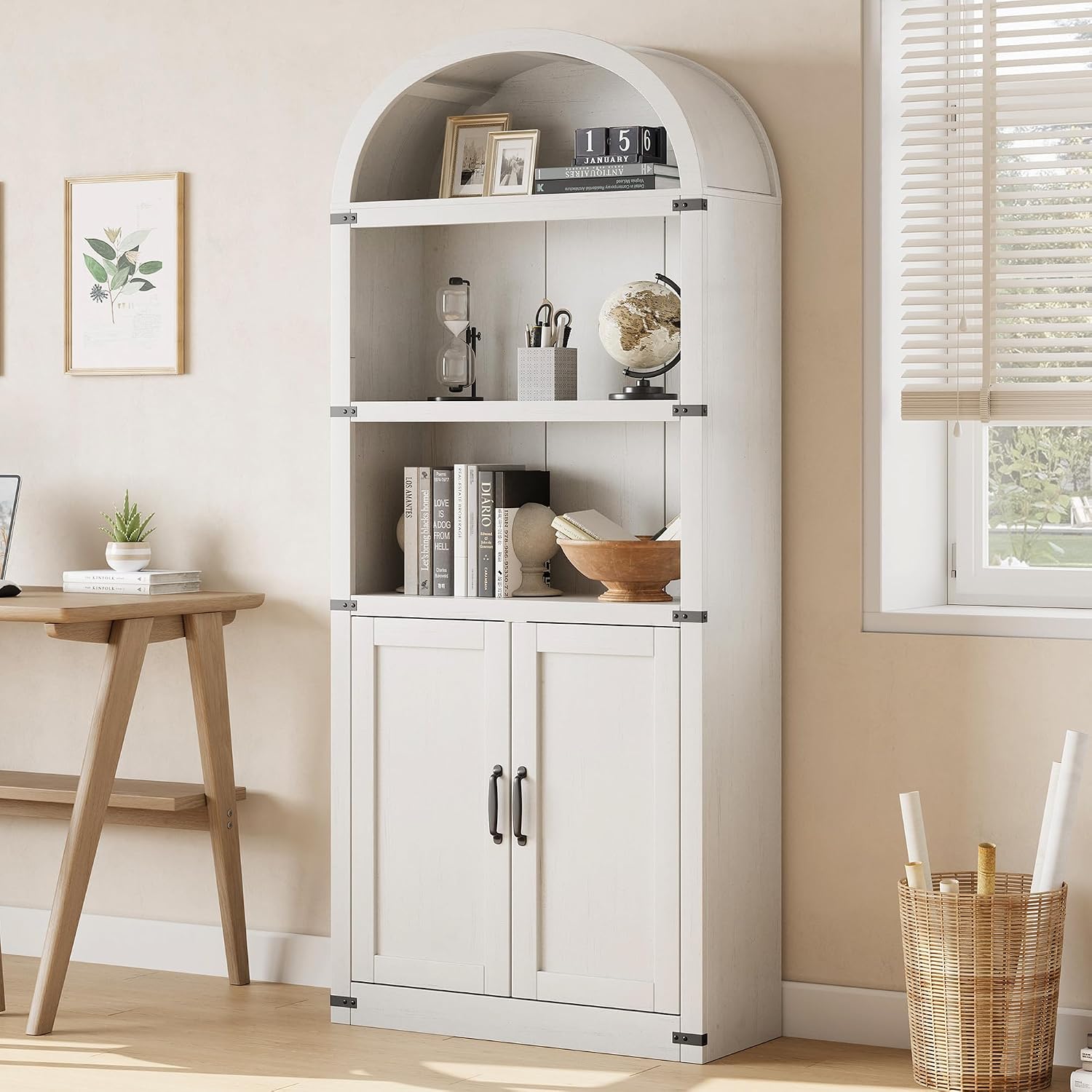 GarveeHome Bookcase with Doors Arched Bookshelf 71.65 in Tall Bookcase Farmhouse Cabinet with Shelves Wooden Bookshelves for Home Office, Living Room
