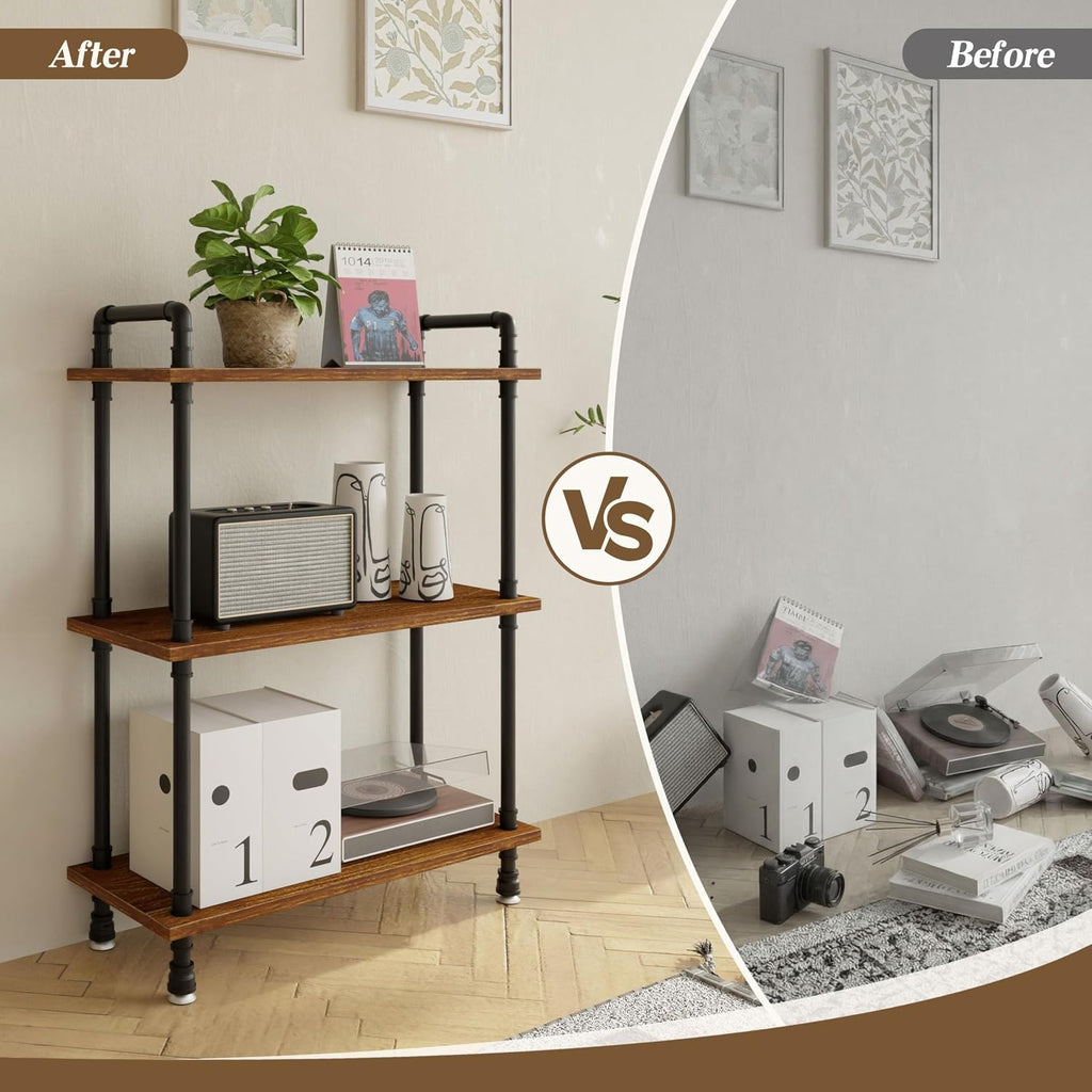 Industrial Bookshelf, Rustic Open Bookcase, 3 Tier Wood and Metal Bookshelves, Solid Pine Wood and Iron Pipe Storage Shelf Narrow Small Space Organizer for Living Room Office Bedroom Kitchen